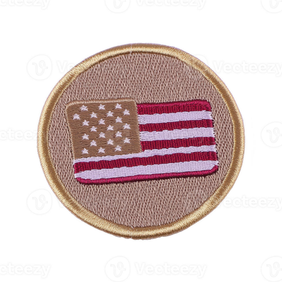 A round embroidered patch features American flag with beige background and gold border, symbolizing patriotism and unity png