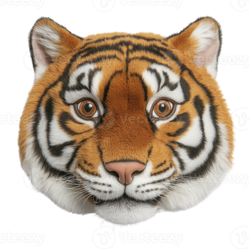 A realistic illustration of tiger face with detailed fur and expressive eyes, showcasing majestic beauty of this wild animal. intricate patterns and vibrant colors highlight tiger natural elegance png