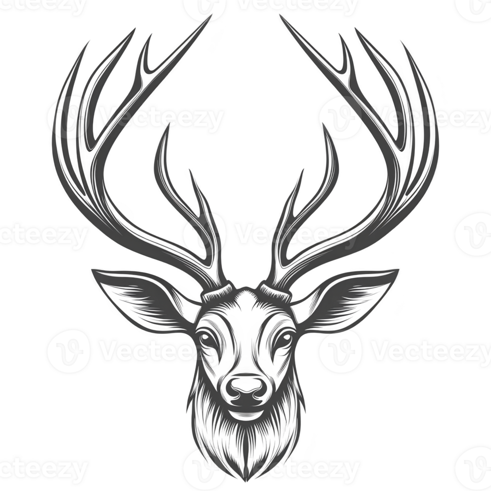 A detailed sketch of deer head with large antlers, showcasing intricate line work and naturalistic style. illustration captures majestic and serene essence of animal png