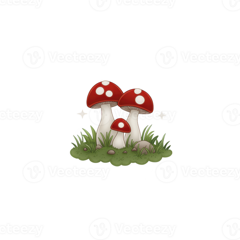 A charming illustration of three red and white mushrooms with grass and sparkles, evoking whimsical and magical forest scene png