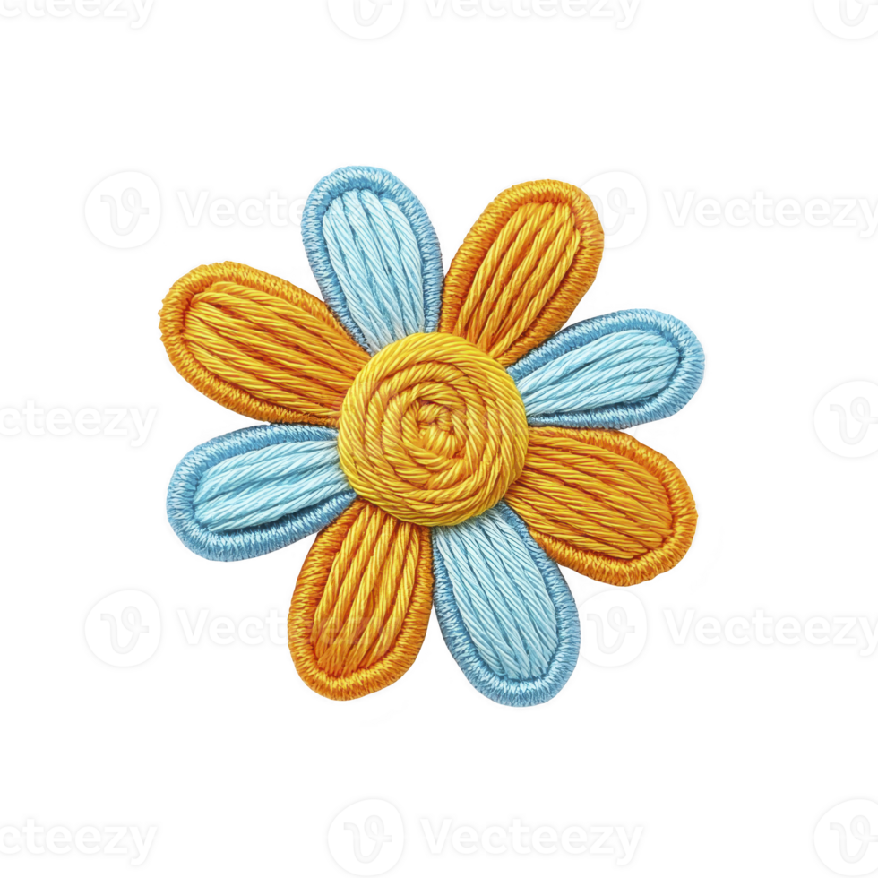 A vibrant embroidered flower with orange and blue petals, featuring intricate stitching and cheerful design, perfect for adding playful touch to fabric projects png