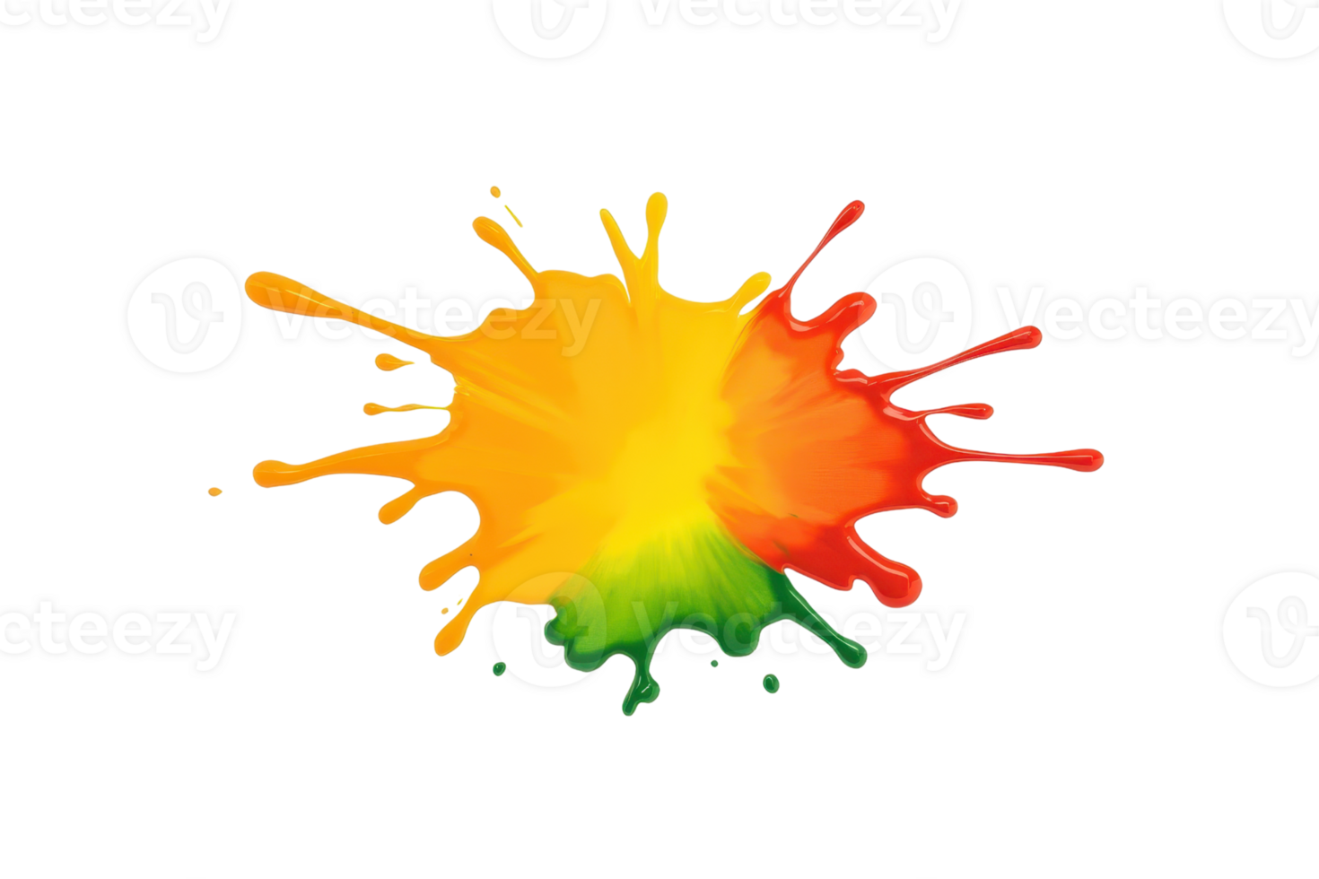A vibrant splash of colorful paint in yellow, red, and green, creating artistic and dynamic effect on transparency background png