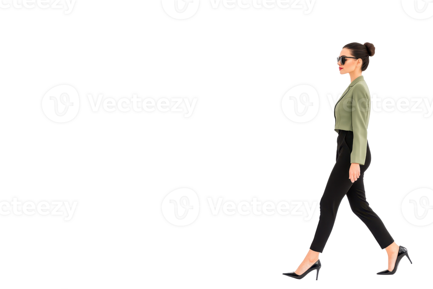 A woman in green jacket and black pants confidently walks forward, wearing sunglasses and high heels. Her hair is styled in bun, and she exudes sense of style and determination png