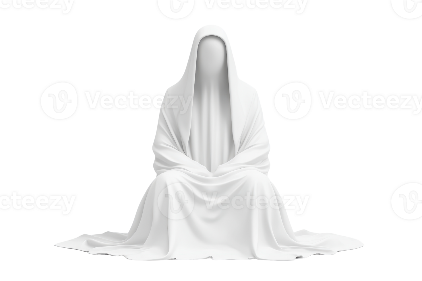 A serene, faceless figure draped in flowing white robe sits gracefully, exuding tranquility and mystery. minimalist design emphasizes smooth, flowing lines of fabric png