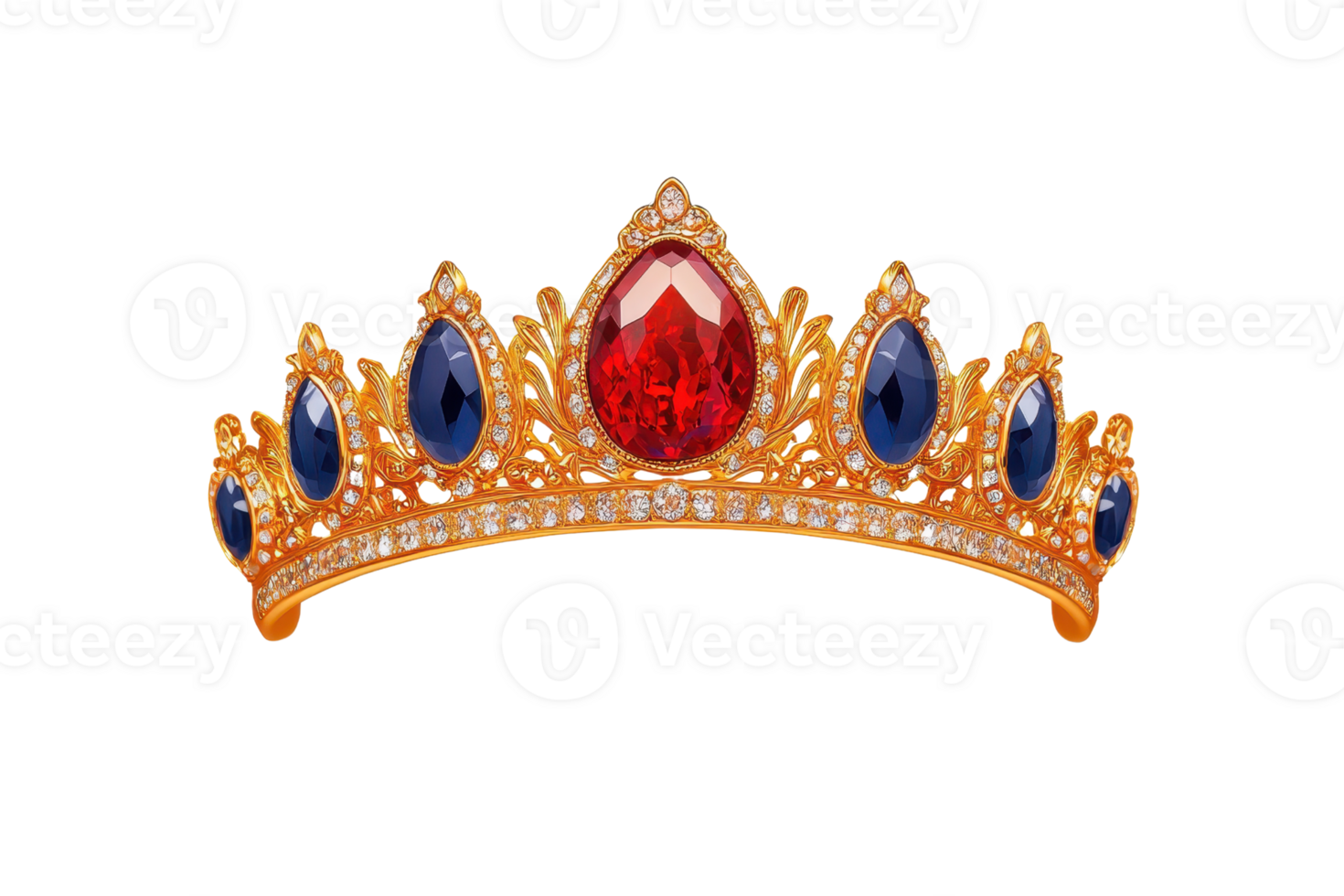 An ornate gold tiara adorned with large central red gemstone and multiple blue gemstones, surrounded by intricate detailing and sparkling diamonds, exudes elegance and luxury png