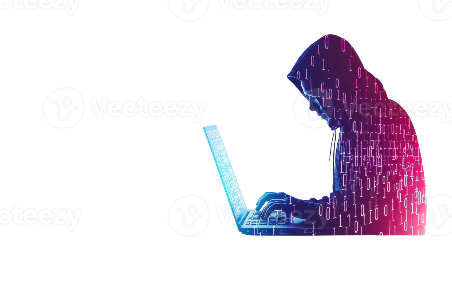 A hooded figure types on laptop, surrounded by binary code, symbolizing cybersecurity and hacking. image conveys sense of mystery and digital intrigue png