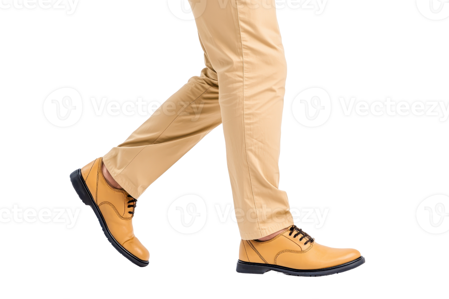 A person wearing beige pants and stylish tan leather shoes is walking forward, showcasing casual yet elegant style. shoes have black laces and sleek design, perfect for smart casual look png