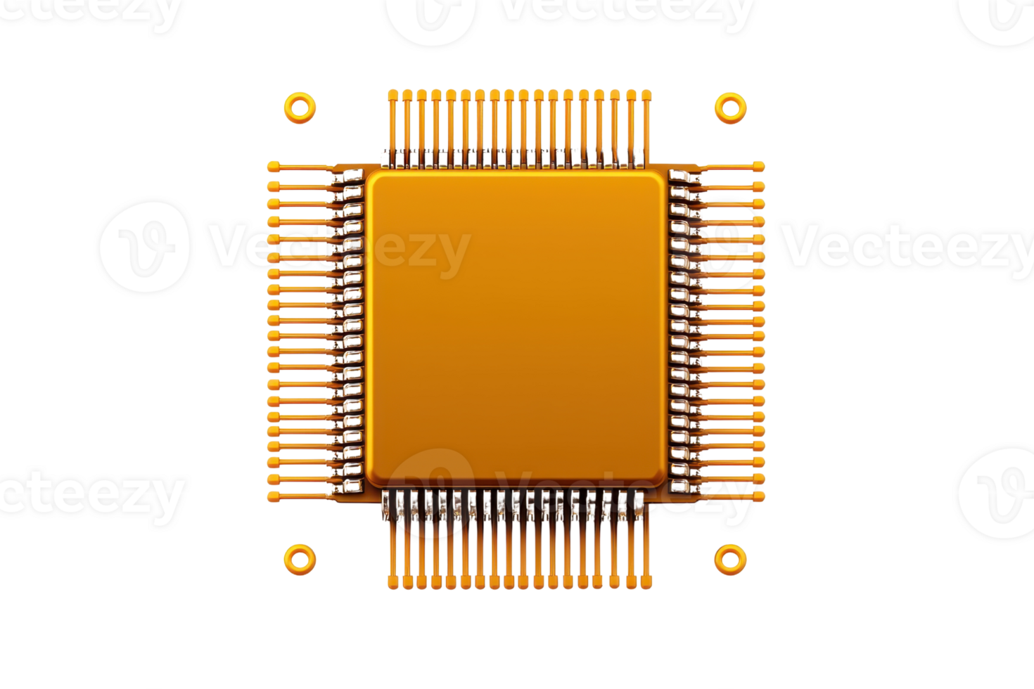 A close up of gold microchip with numerous pins extending from its sides, isolated on transparency background. intricate design highlights complexity and precision of modern technology png