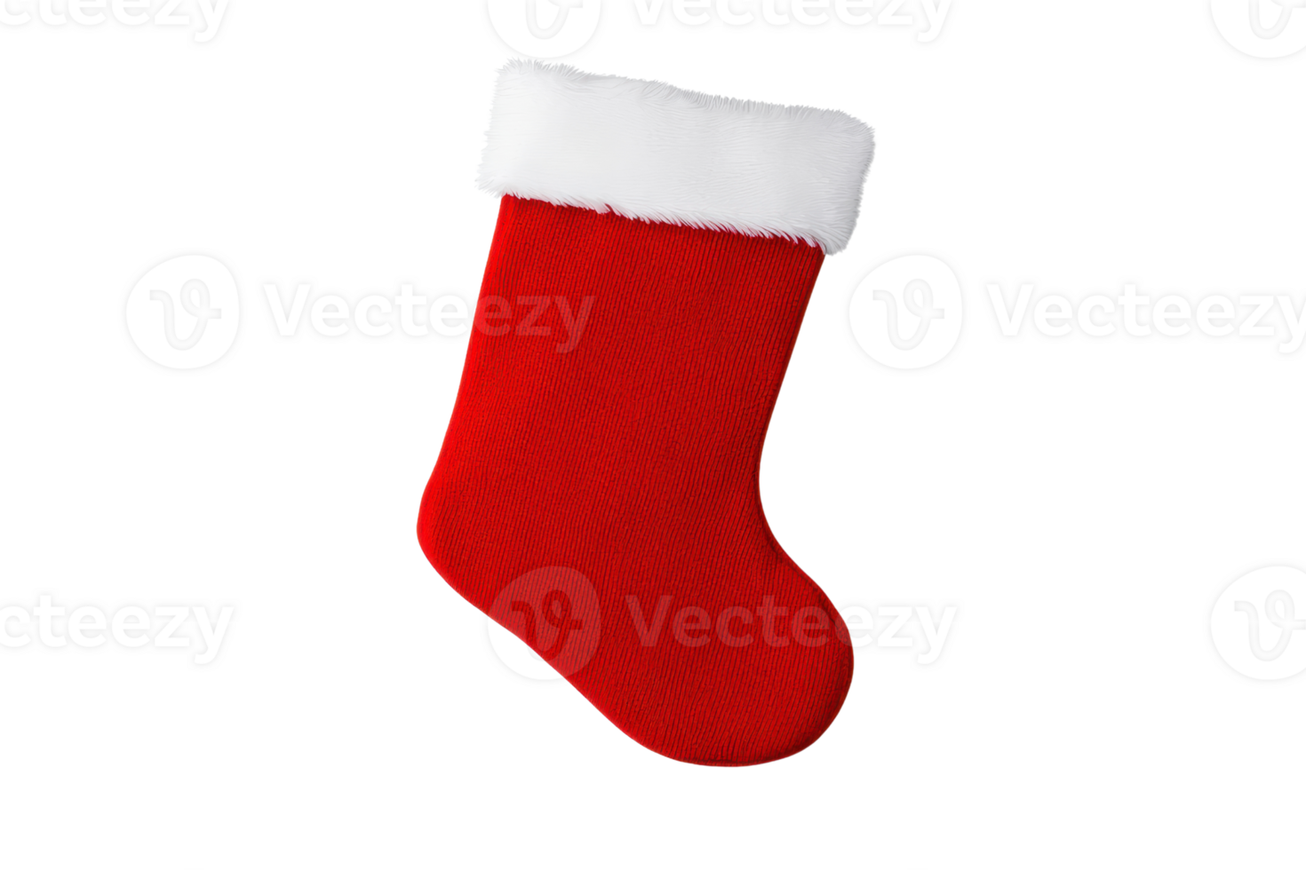 A red Christmas stocking with white fur trim, isolated on transparency background, evokes festive holiday cheer png