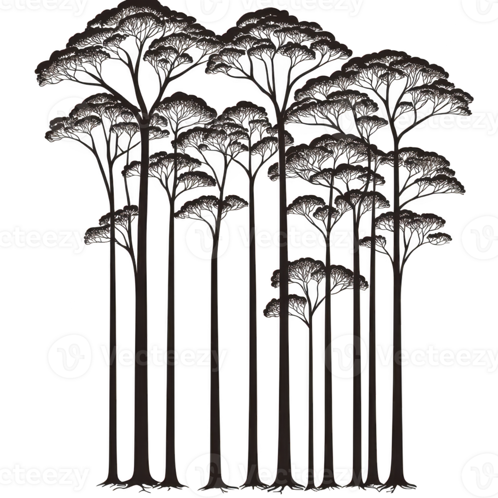 A Tall, slender trees with intricate branches create serene and elegant forest silhouette against transparent background, evoking sense of tranquility and natural beauty png