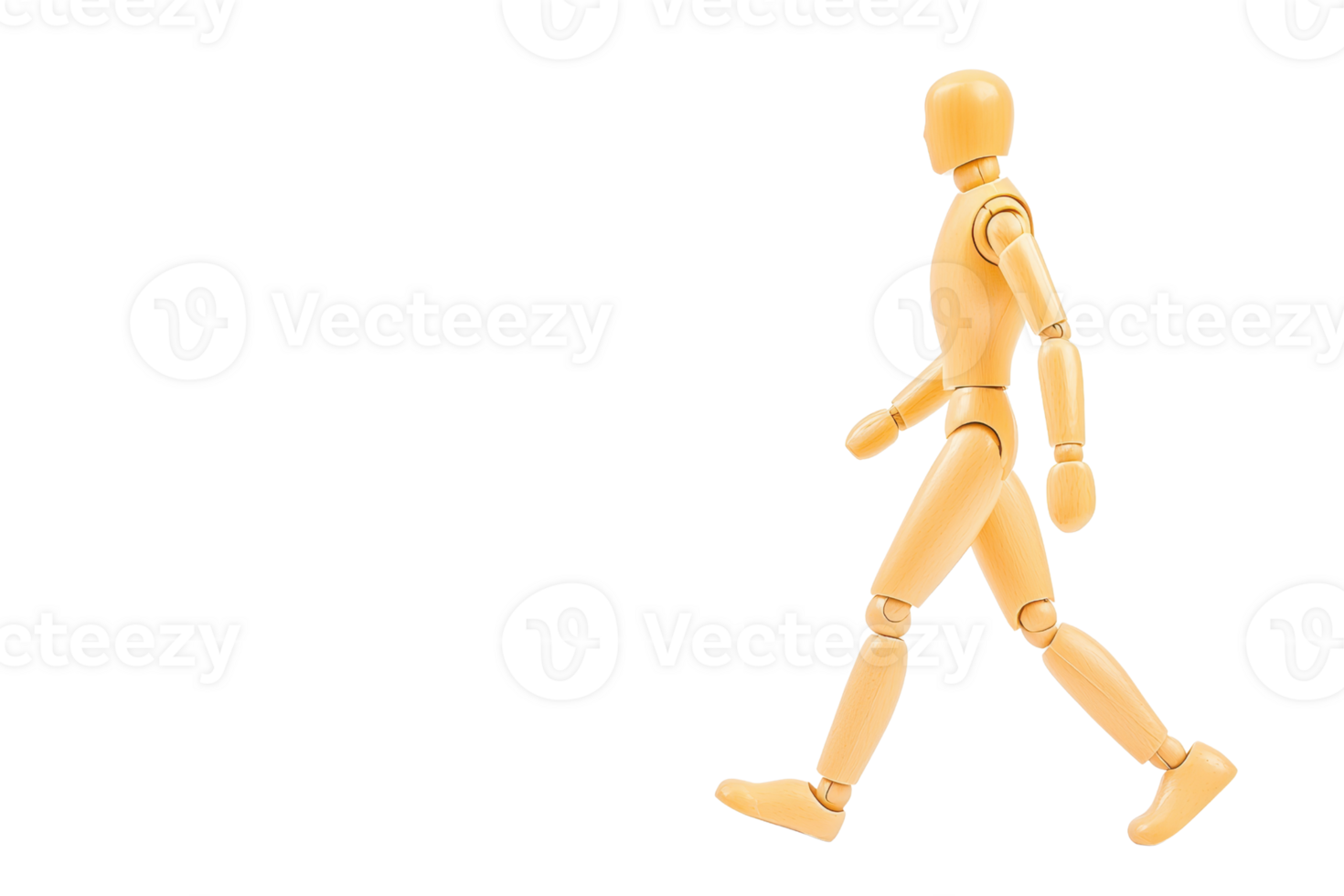 A wooden mannequin is depicted walking with confident stride, showcasing human like movement. figure is articulated, allowing for various poses, and is set against plain background, emphasizing its png