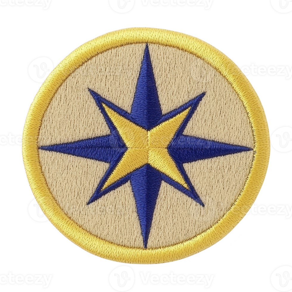 A round embroidered patch features blue and yellow compass star design on beige background, bordered by yellow edge. patch conveys sense of adventure and exploration png