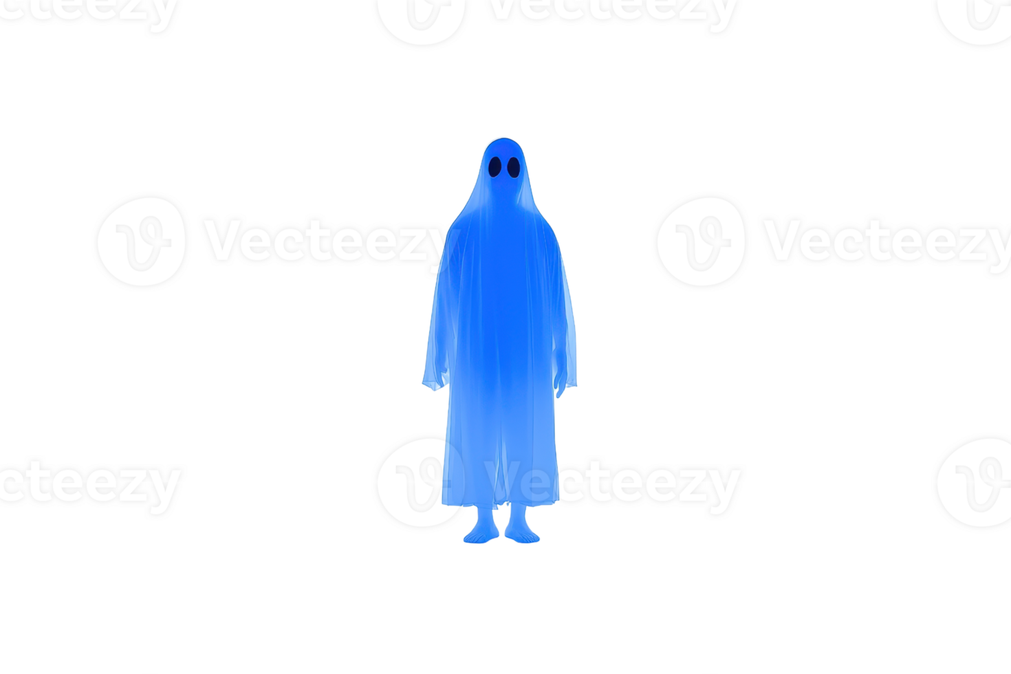 A person dressed as ghost in blue sheet stands against transparency background, creating spooky yet playful atmosphere png
