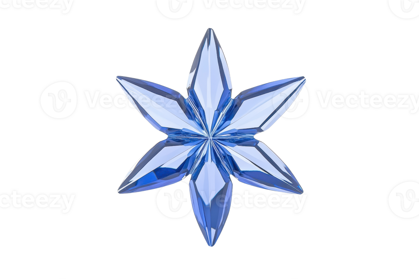 A blue crystal star with six symmetrical points, reflecting light beautifully, creating dazzling effect. intricate facets and transparent quality give it elegant and luxurious appearance png