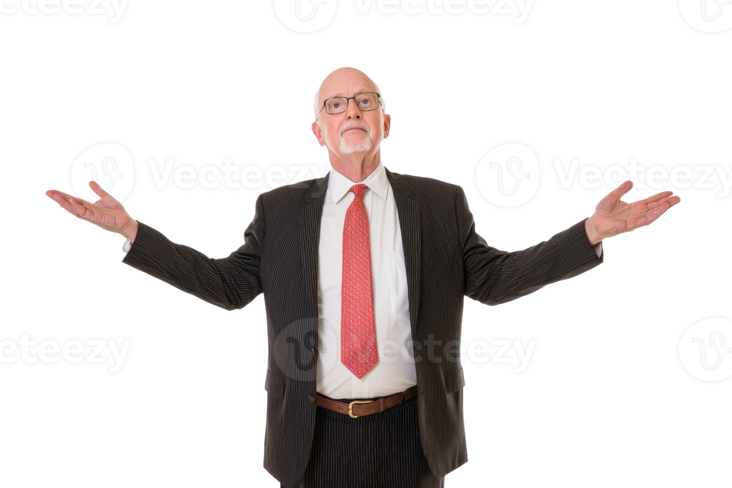 An Elderly man in suit with red tie gesturing with open arms, expressing confidence and authority. background is plain, emphasizing his formal attire and expressive pose png