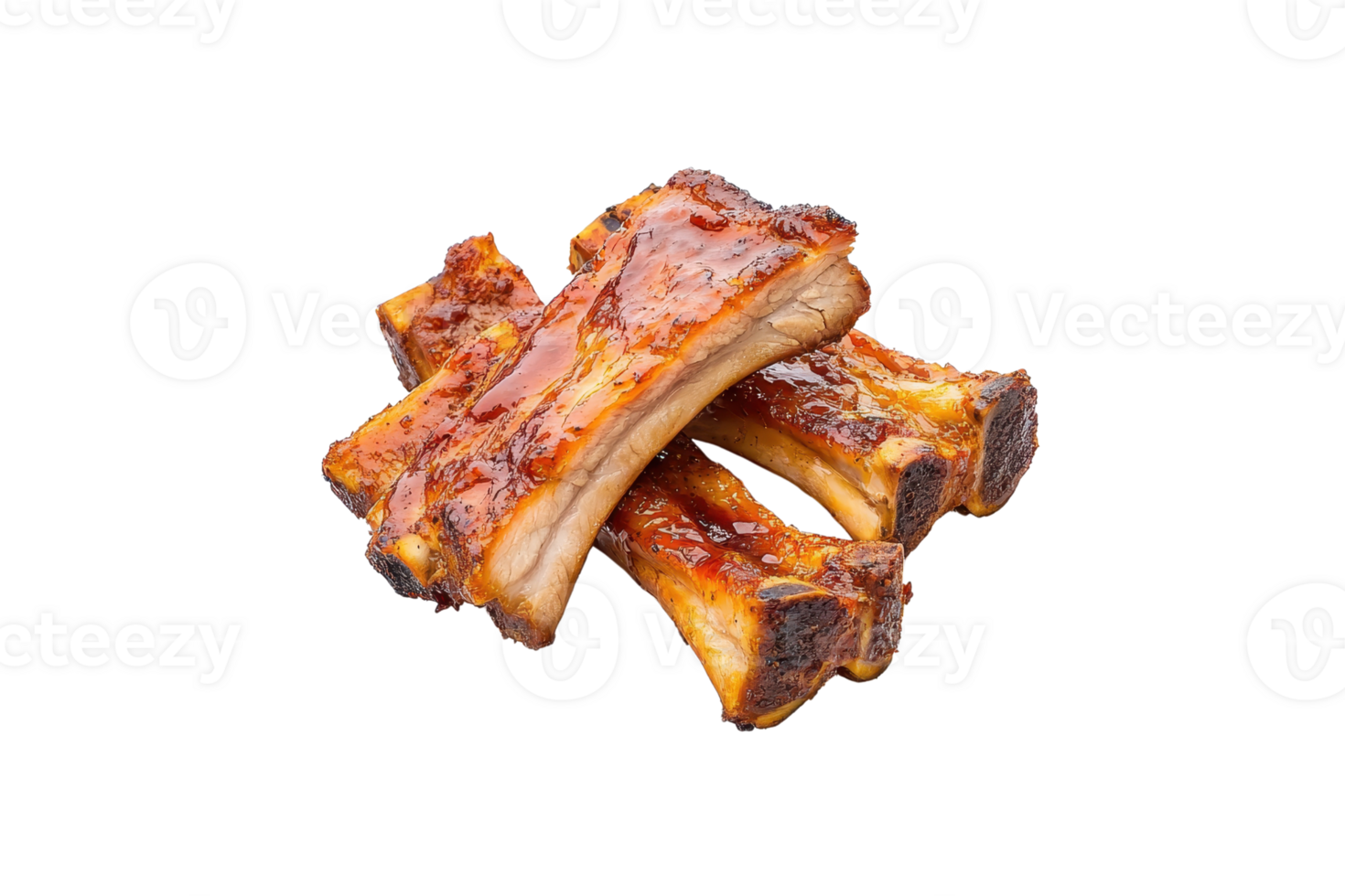 A Juicy, glazed barbecue ribs stacked on transparency background, showcasing delicious and savory meal. ribs are perfectly cooked, with shiny, caramelized sauce that enhances their flavor png
