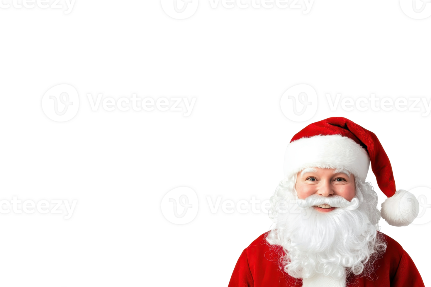 A cheerful man dressed as Santa Claus with red hat and white beard is smiling against plain background png