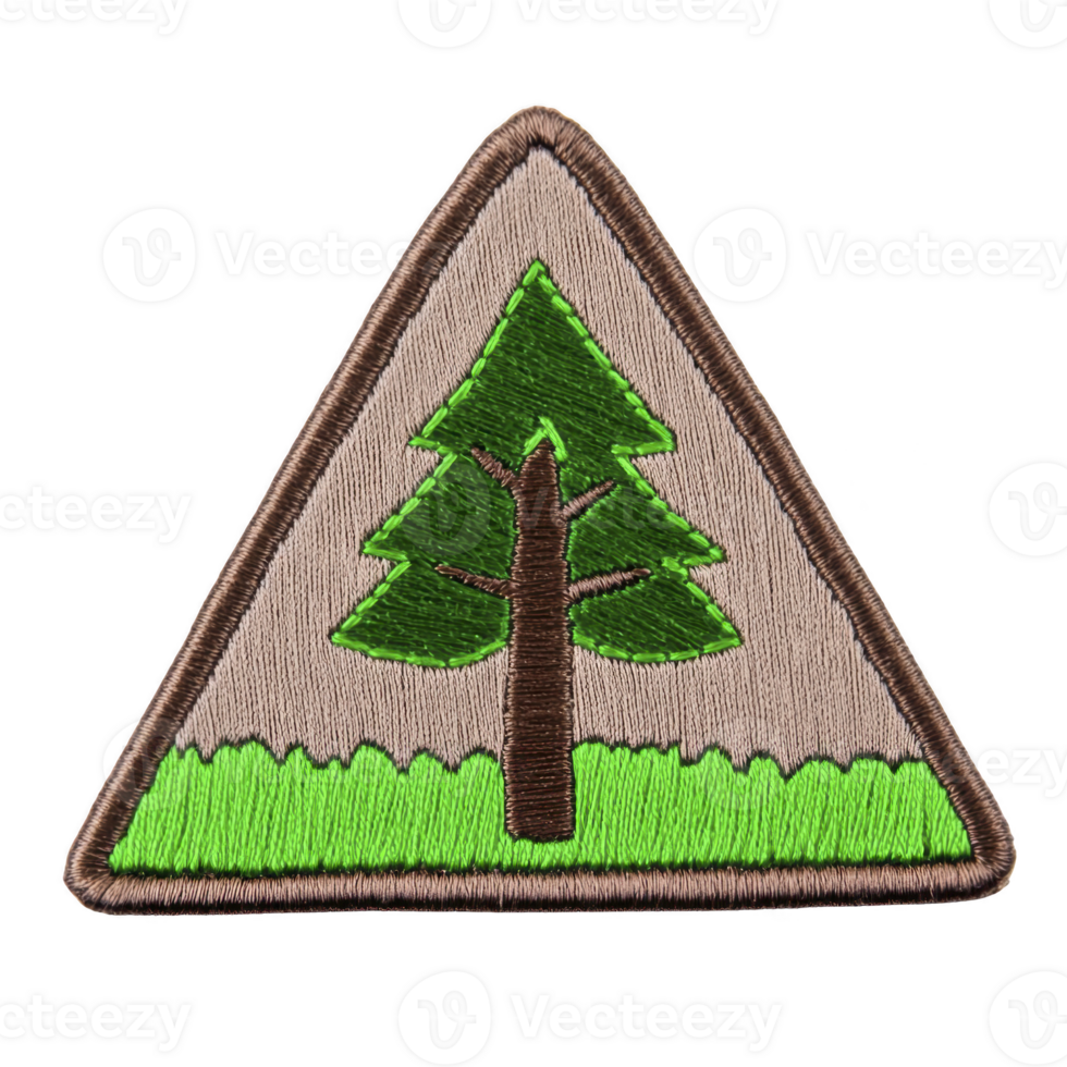 A This shows triangular embroidered patch featuring green tree beige background, bordered by brown edge. design is simple and nature themed, often associated with outdoor activities or scouting png