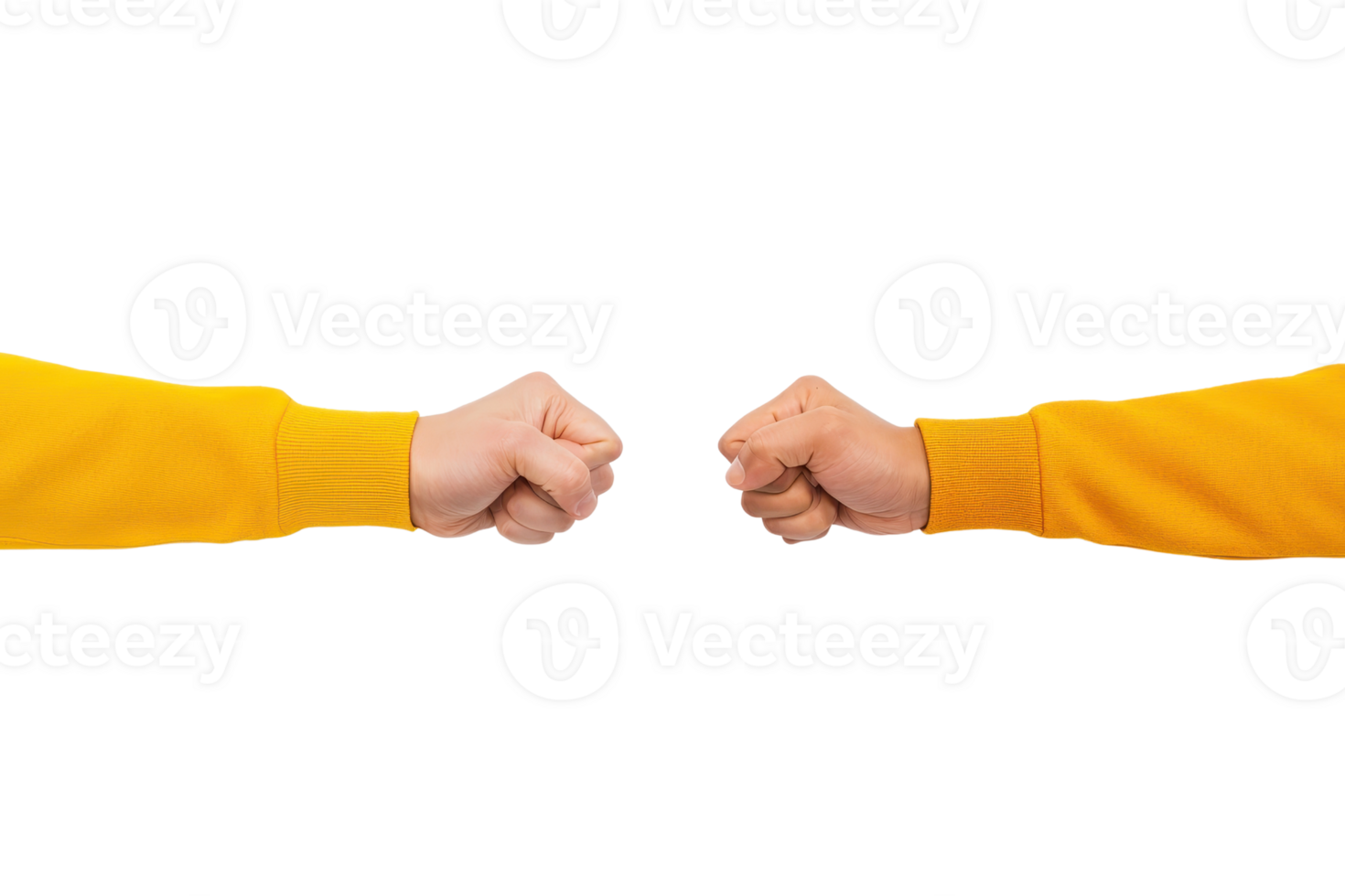 A Two people wearing yellow sleeves are giving each other fist bump, symbolizing friendship and unity. background is plain, emphasizing gesture png