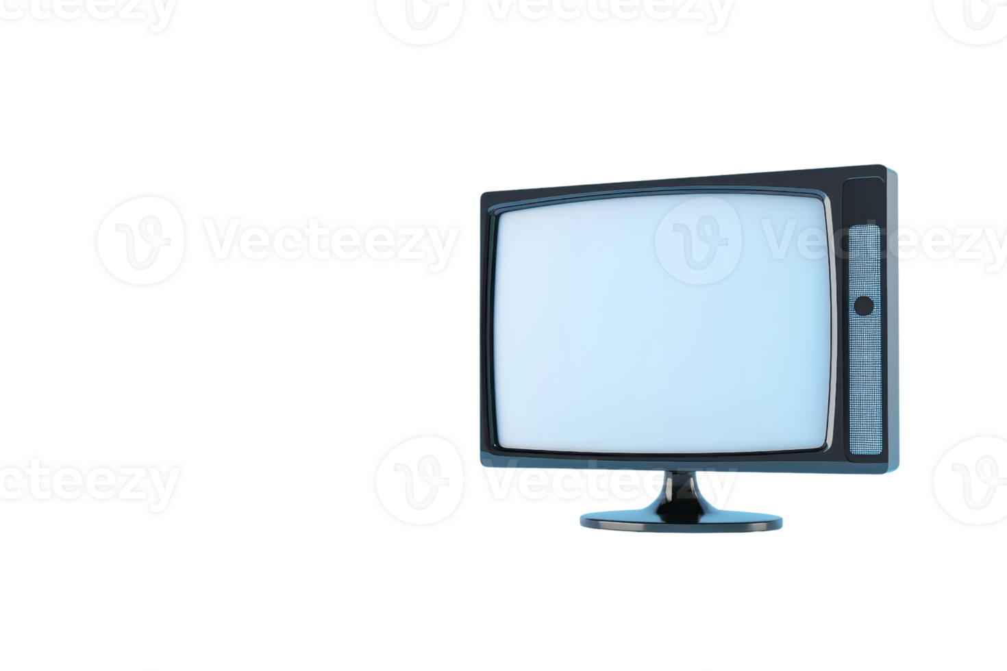 A vintage television with blank screen stands against plain background, evoking nostalgia. retro design features rounded screen and side speaker, reminiscent of mid 20th century technology png