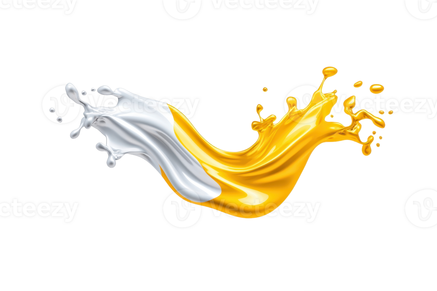 A dynamic splash of white and yellow liquid intertwines in mid air, creating vibrant and energetic visual. fluid motion and contrasting colors evoke sense of movement and creativity png