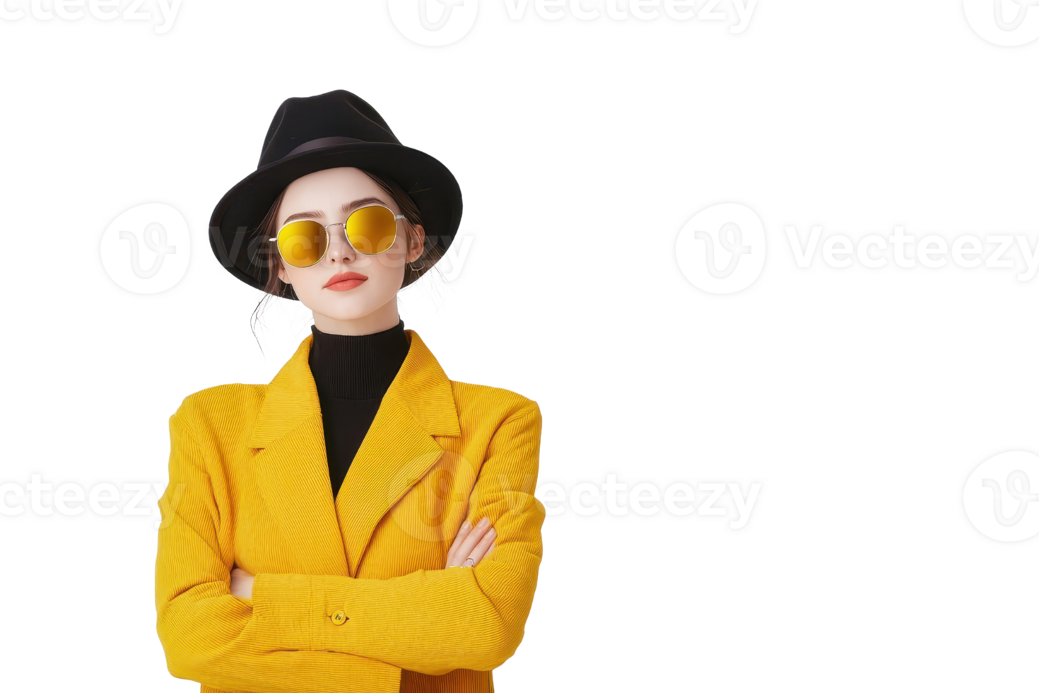 A stylish woman in yellow coat and black hat confidently poses with sunglasses, exuding modern and chic vibe. bright attire contrasts with dark accessories, creating bold fashion statement png