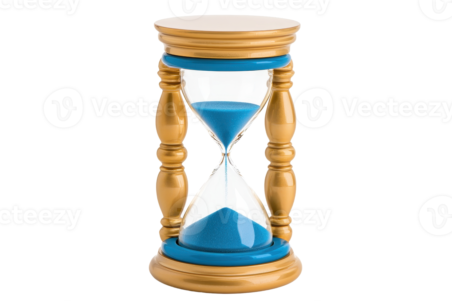 A wooden hourglass with blue sand, symbolizing passage of time, stands elegantly with its classic design. vibrant blue sand contrasts with polished wood, creating timeless aesthetic png