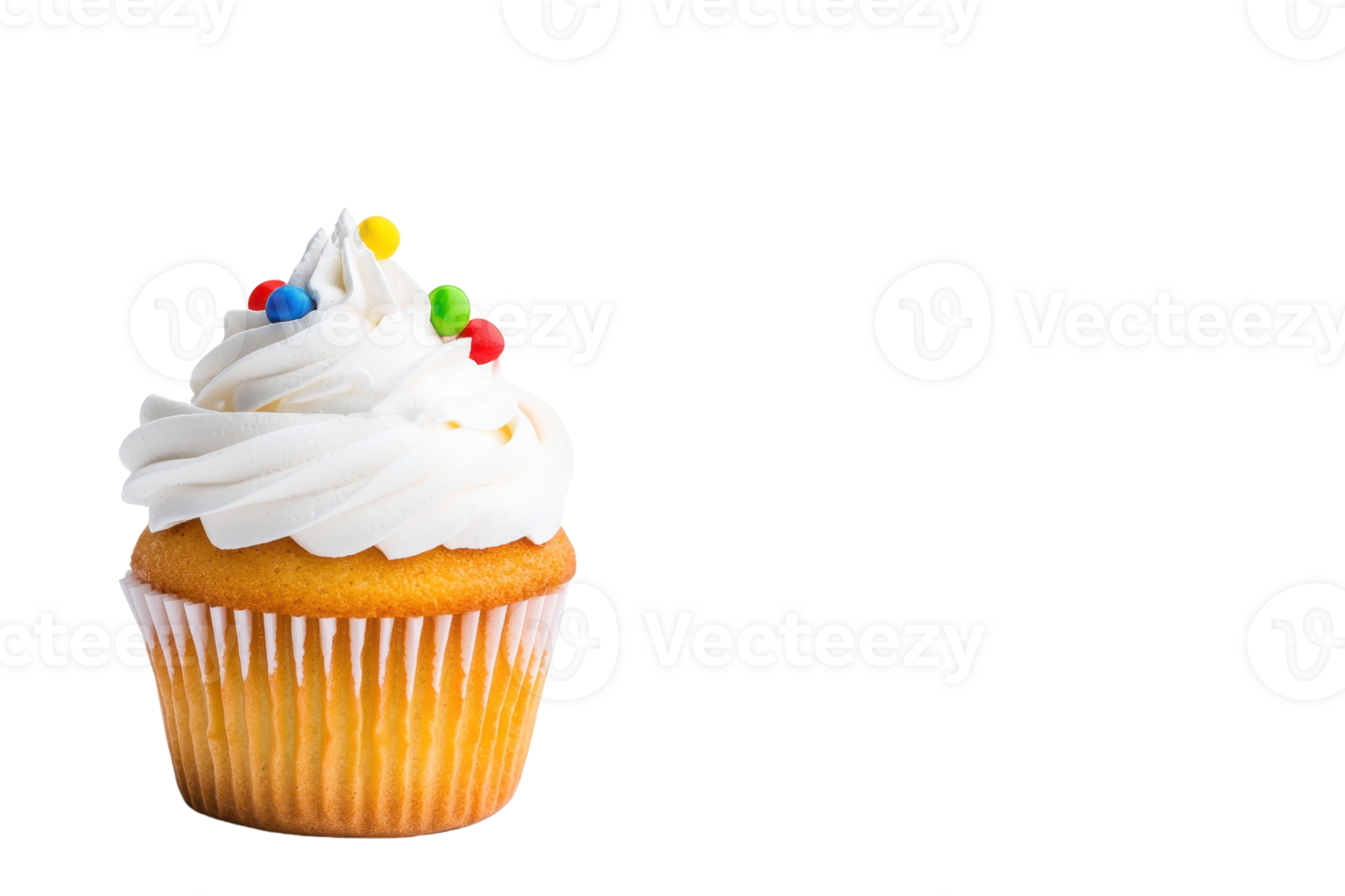 A delicious vanilla cupcake with creamy white frosting and colorful candy sprinkles sits against plain background, creating delightful and appetizing visual png