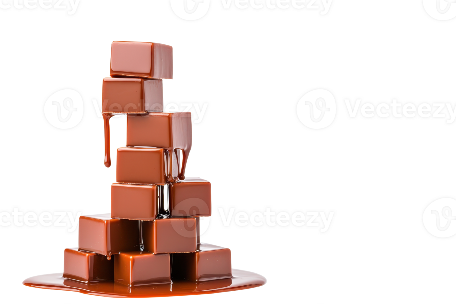 A stack of melting chocolate cubes forms tower, with rich chocolate sauce dripping down sides, creating tempting and indulgent visual png