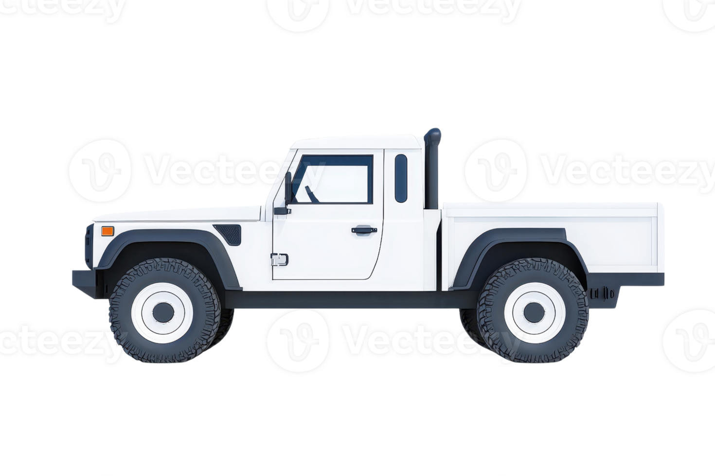 A white pickup truck with rugged tires and simple design, viewed from side, showcasing its robust build and off road capabilities png
