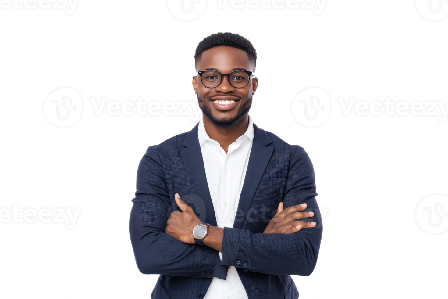 A confident man in blue blazer and glasses stands with arms crossed, smiling warmly. He exudes professionalism and approachability, wearing white shirt and watch, set against plain background png