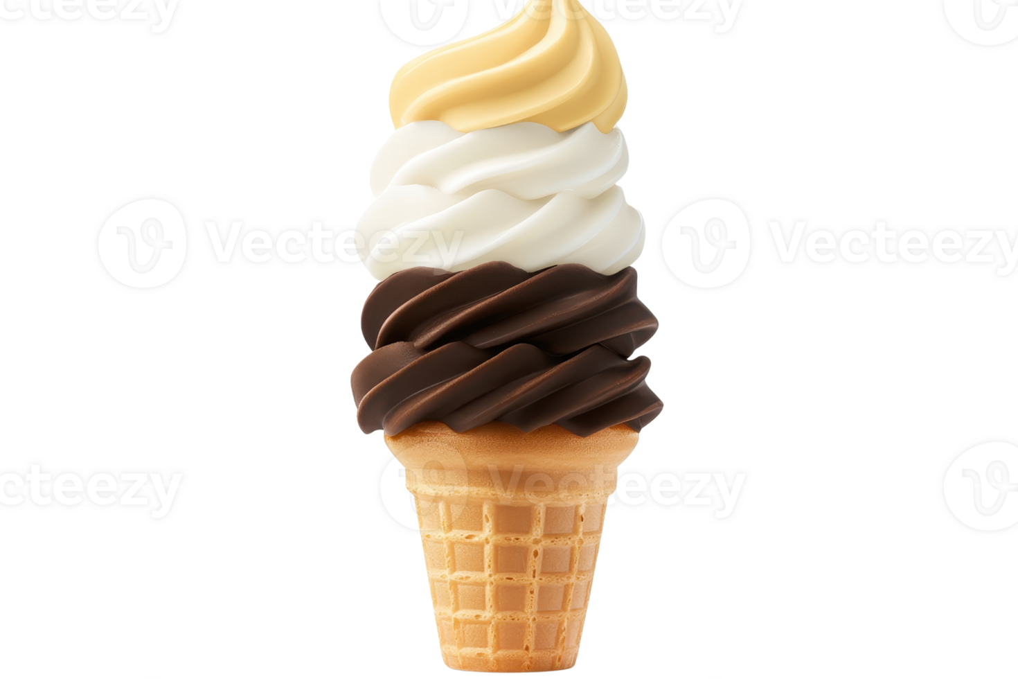 A delicious swirl of vanilla, chocolate, and caramel soft serve ice cream in waffle cone, perfect for sweet treat png