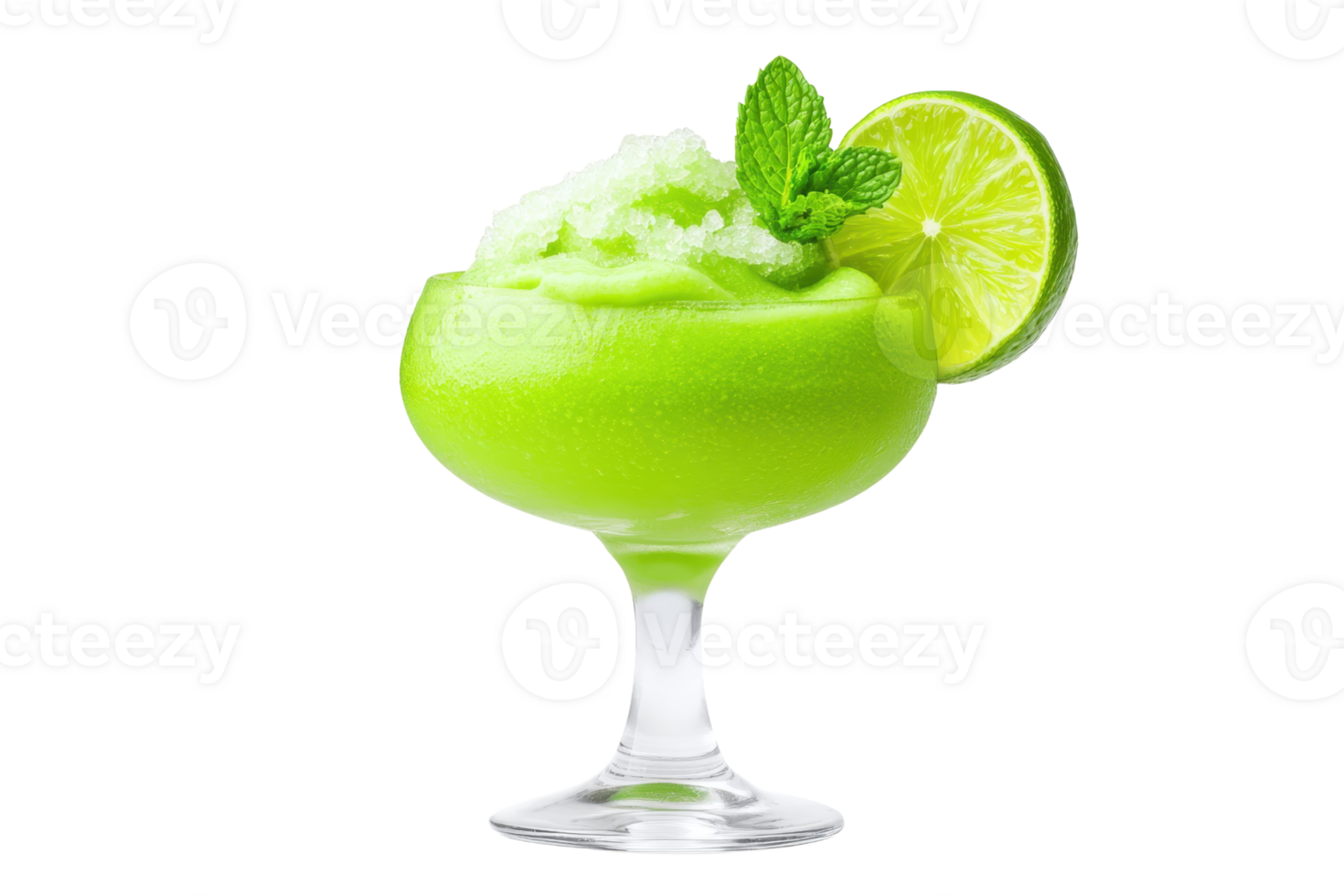 A vibrant green frozen cocktail garnished with lime slice and mint leaves, served in classic margarita glass, evokes refreshing and tropical vibe png
