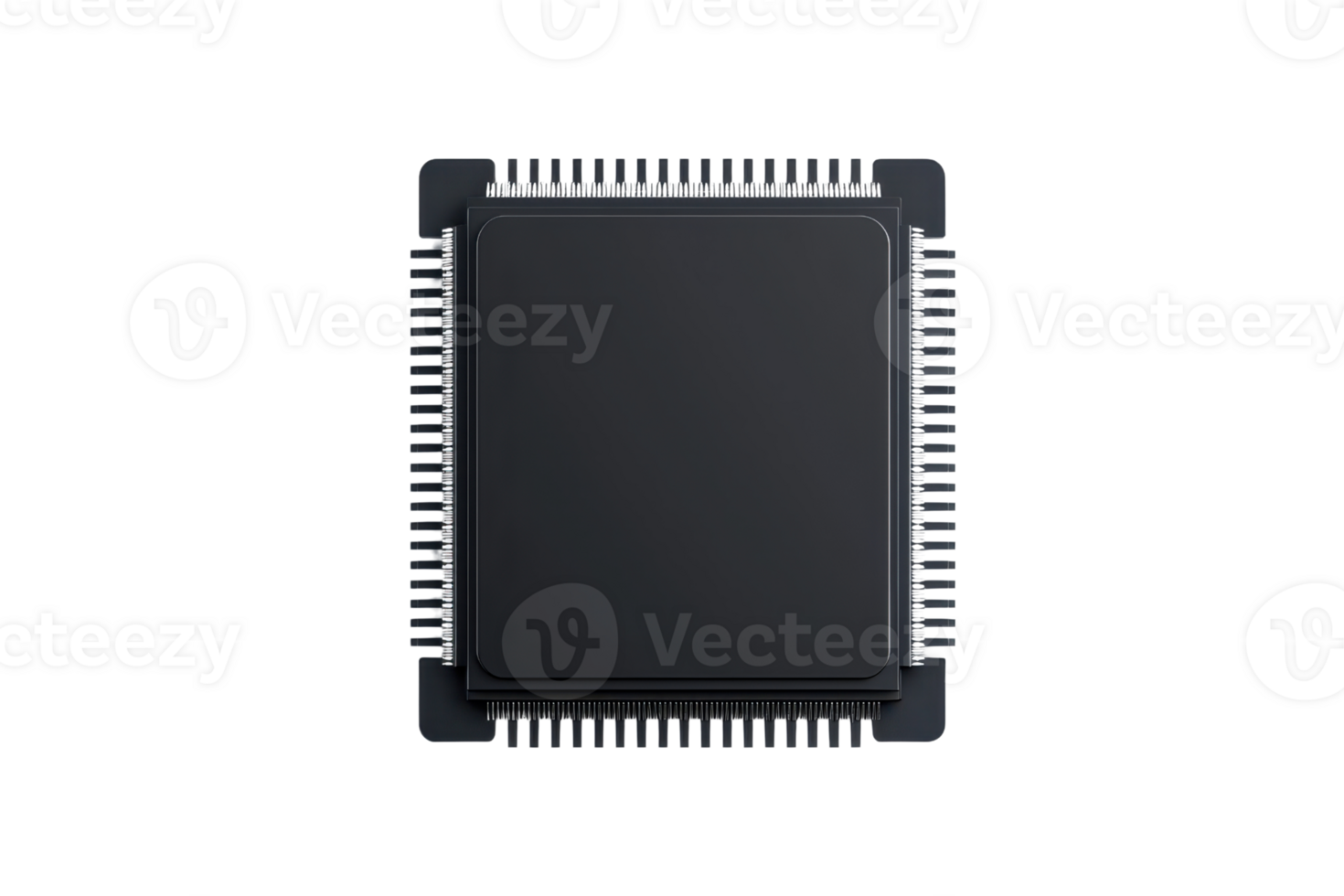 A close up of microchip with numerous pins, showcasing its intricate design and metallic surface, essential for electronic devices and computing technology png
