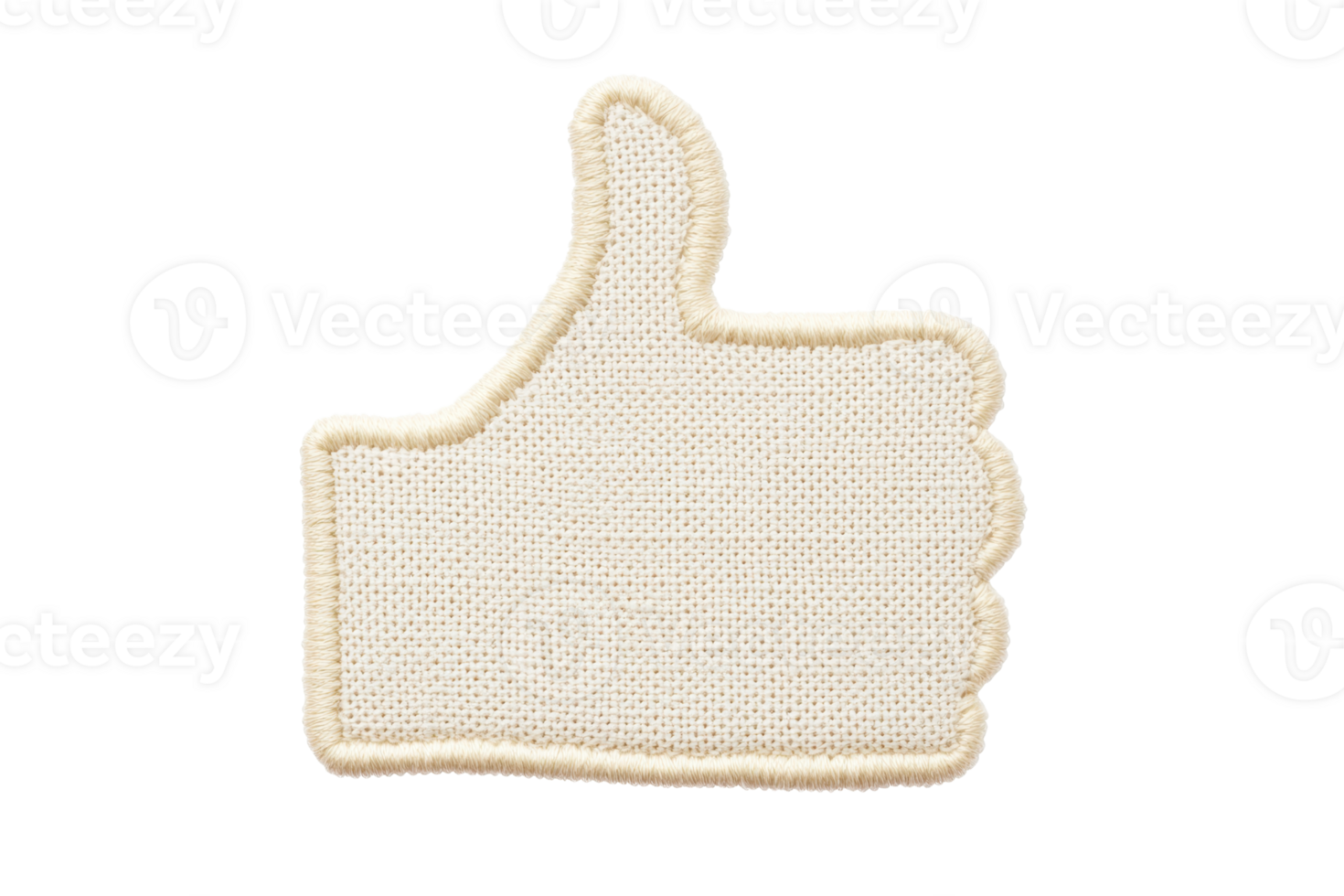 A beige fabric patch in shape of thumbs up symbol, representing approval or agreement, isolated on transparency background. texture is woven, with soft and tactile appearance png