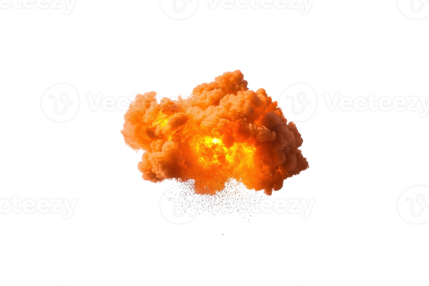 A vibrant explosion with fiery orange and yellow hues, surrounded by billowing smoke and scattered debris, creating dynamic and intense visual impact png