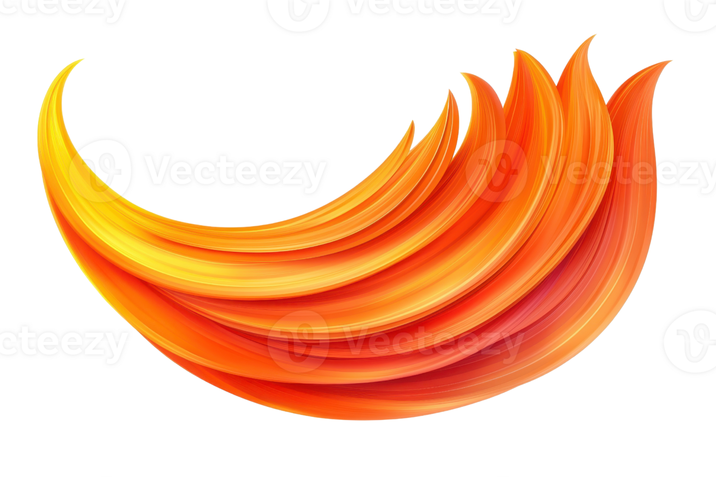 A vibrant abstract design featuring dynamic, flowing orange and yellow curves resembling flames or stylized wave, set against transparent background png