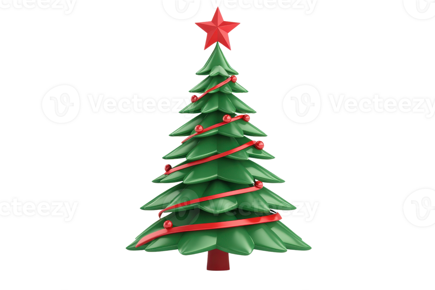 A festive Christmas tree adorned with red star on top, red ribbon, and ornaments, symbolizing holiday cheer and celebration png