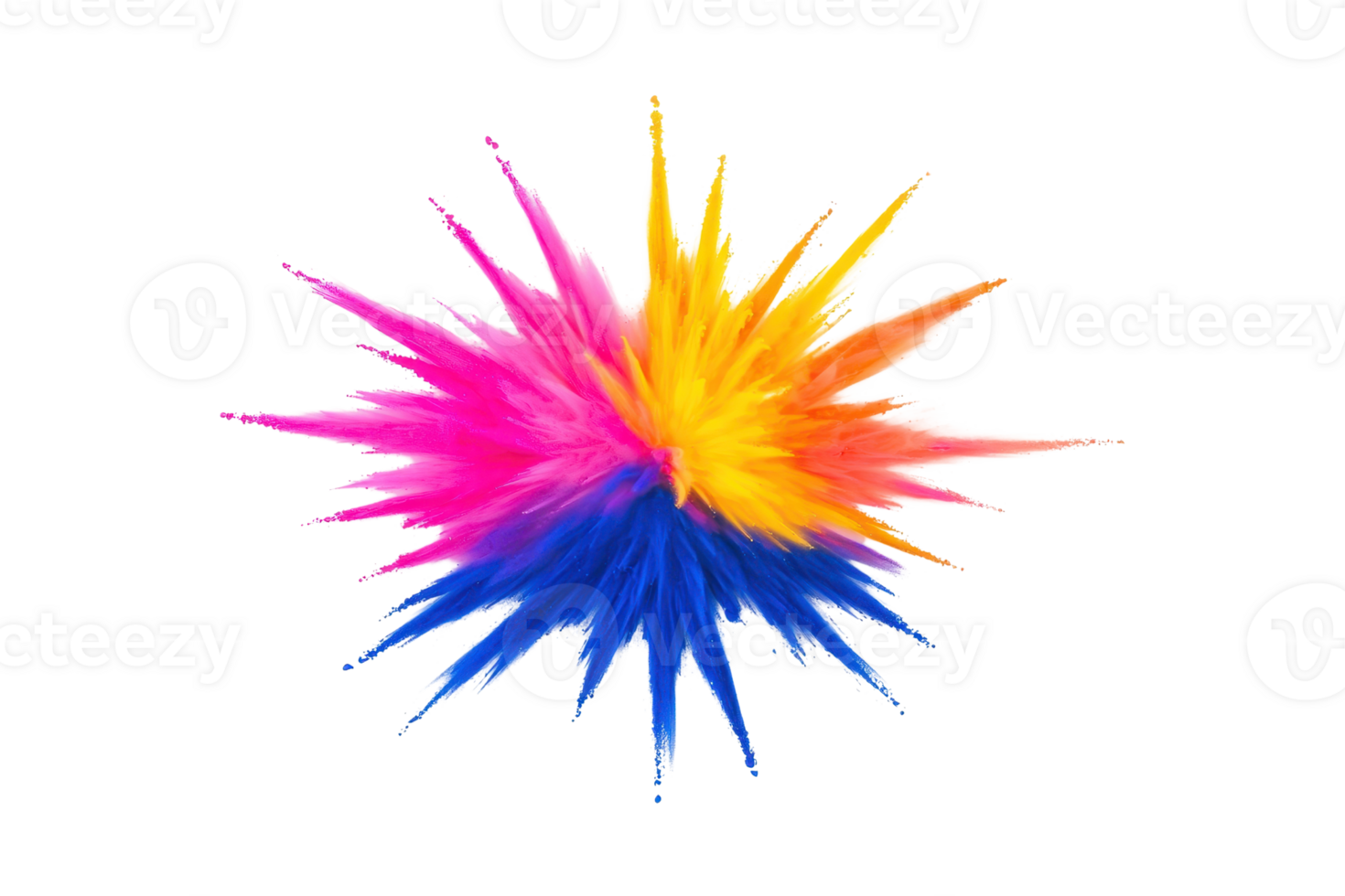 A vibrant explosion of colorful powder, featuring pink, yellow, and blue hues, creates dynamic and energetic visual effect against transparency background png