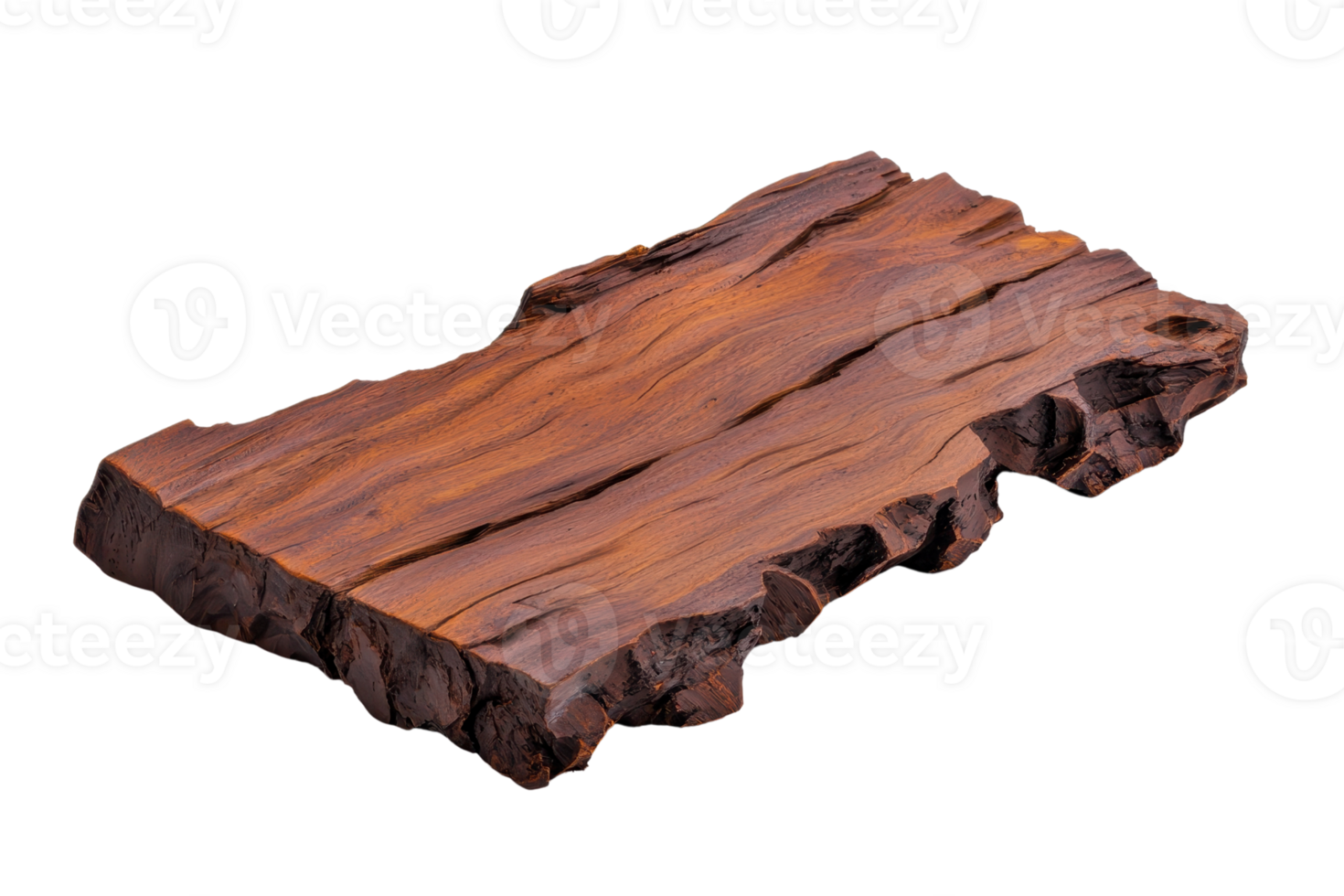 A rustic wooden slab with natural, textured surface, ideal for use as serving board or decorative piece. rich, earthy tones and organic shape add touch of nature to any setting png