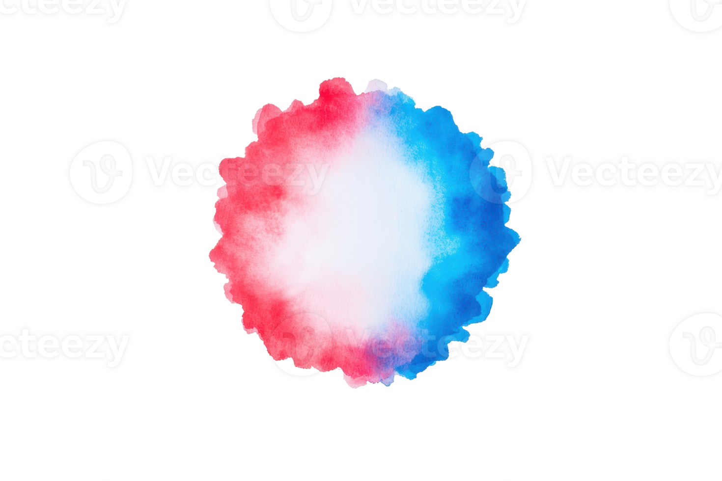 A vibrant watercolor splash blends red and blue hues, creating dynamic and artistic abstract design. colors merge seamlessly, forming circular pattern with soft, textured edge png