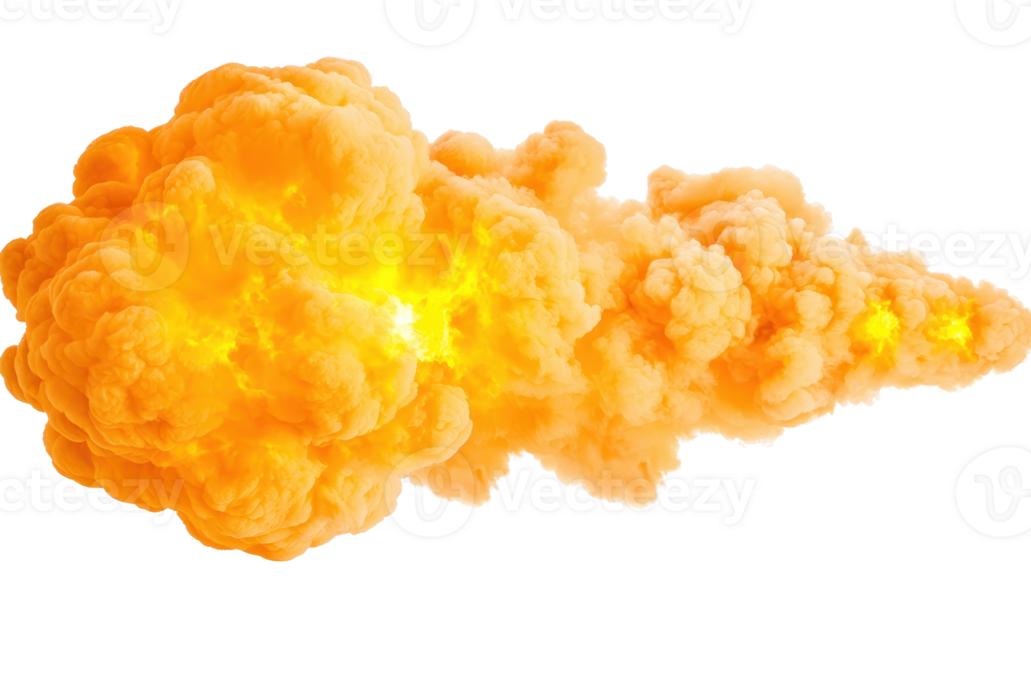 A vibrant orange explosion cloud with bright yellow highlights, showcasing dynamic energy and motion. fiery burst is isolated on transparent background, emphasizing its dramatic impact png