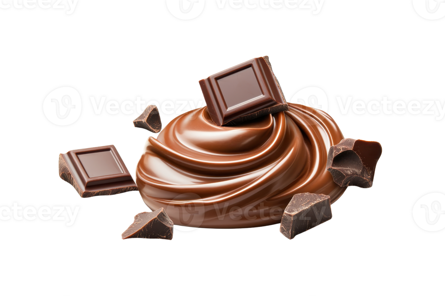 A Smooth swirl of rich chocolate with chunks of dark chocolate scattered around, creating tempting and indulgent treat. glossy texture and deep brown color enhance its appeal png