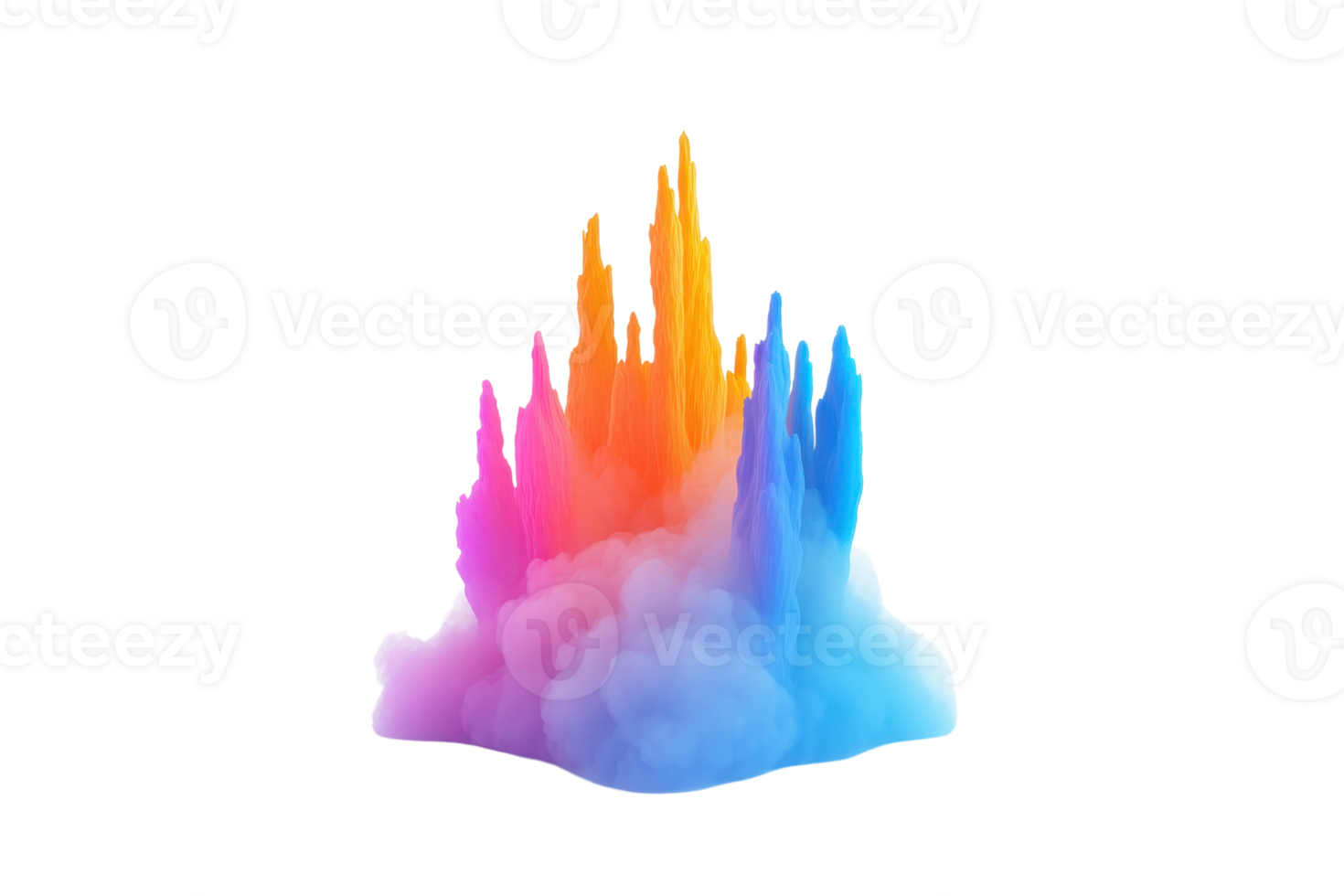 A vibrant explosion of colorful smoke plumes in shades of orange, pink, and blue creates dynamic and artistic visual effect. abstract formation resembles surreal landscape or fantastical scene png