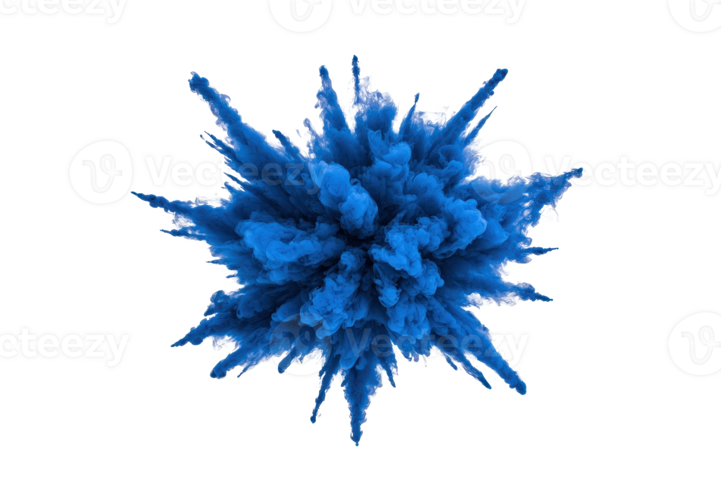 A vibrant explosion of blue powder creates dynamic and energetic burst, resembling star or flower, against transparency background. image captures motion and texture of particles png
