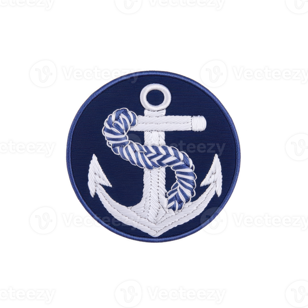 A round navy blue patch features white embroidered anchor with decorative rope wrapped around it, symbolizing maritime themes. design is simple yet striking png
