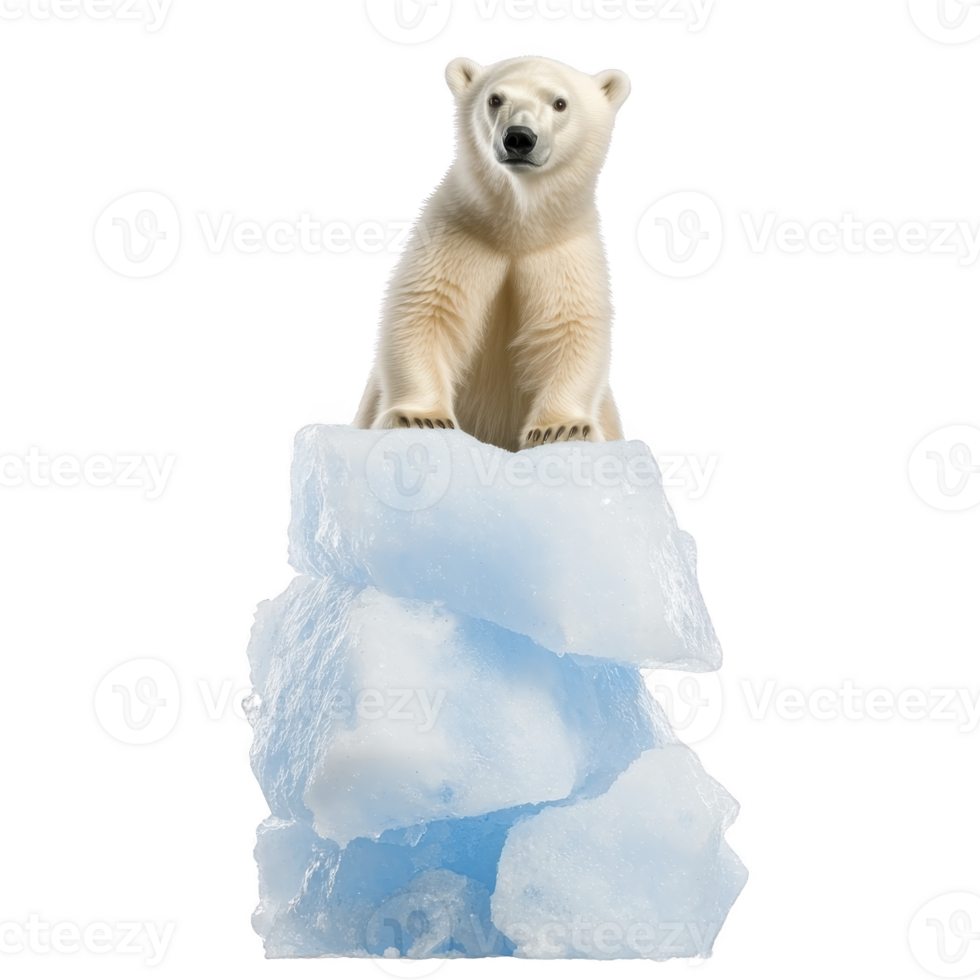 A polar bear stands atop stack of icy blue blocks, symbolizing challenges of climate change and habitat loss. bear curious expression adds touch of innocence to scene png