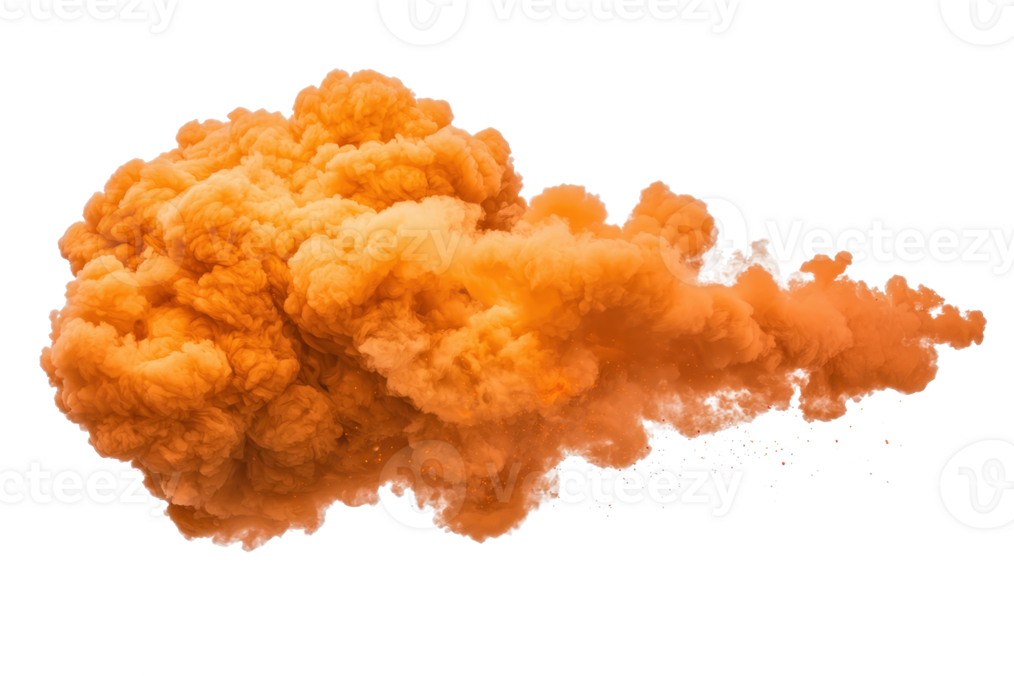 A vibrant orange cloud of smoke billows dramatically against transparency background, creating dynamic and energetic visual effect. swirling patterns and rich color evoke sense of movement and png
