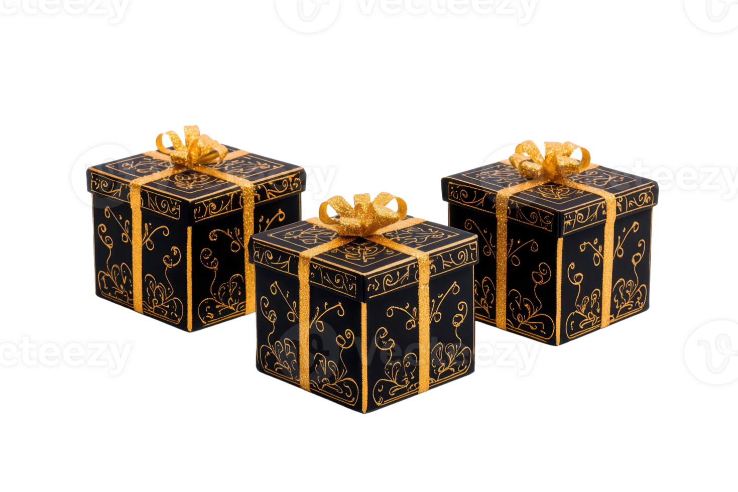 A Three elegant black gift boxes adorned with intricate gold patterns and topped with golden bows, perfect for special occasions and celebrations png