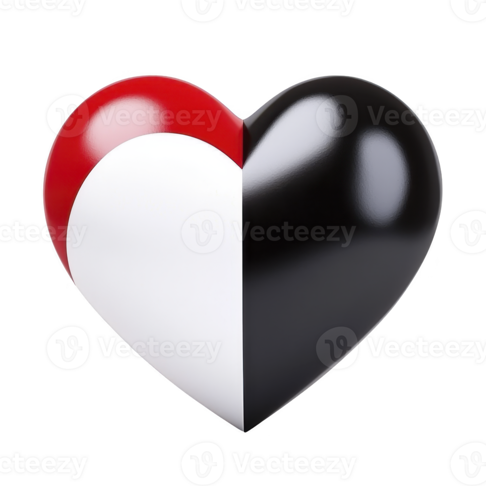 A glossy heart shape is divided into four equal sections with contrasting colors red, white, black, and gray, creating striking and modern design png